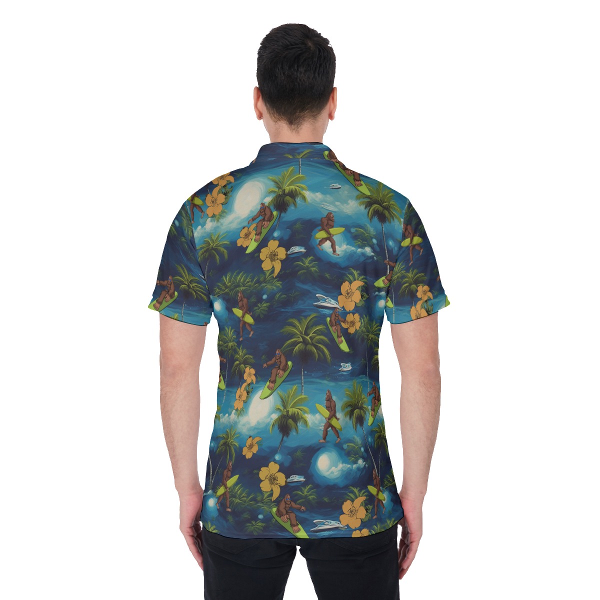 Tropical Palm Tree Bigfoot Surfing Hawaiian Polo Shirt