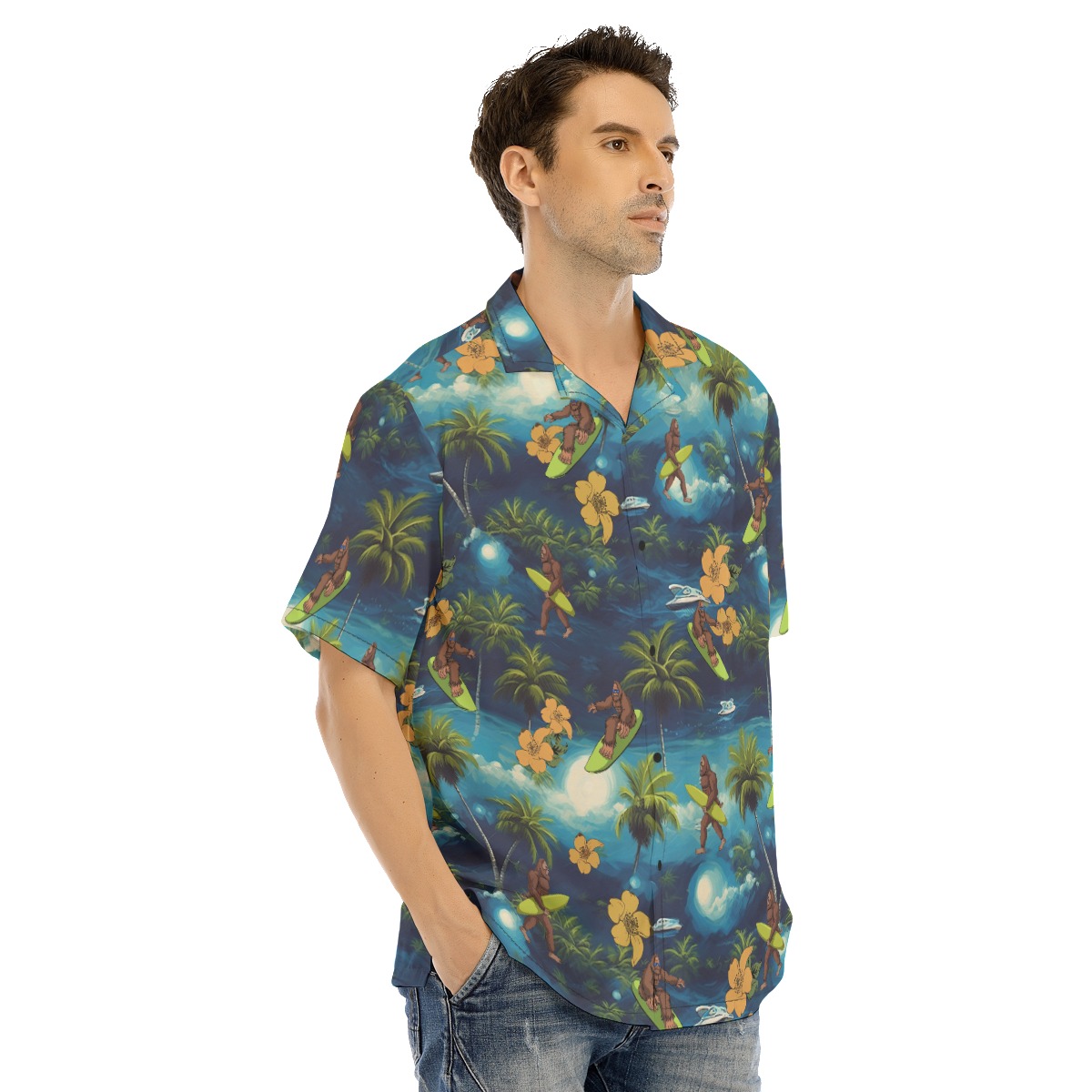 Funny Bigfoot Surfing Tropical Blue Hawaiian Shirt