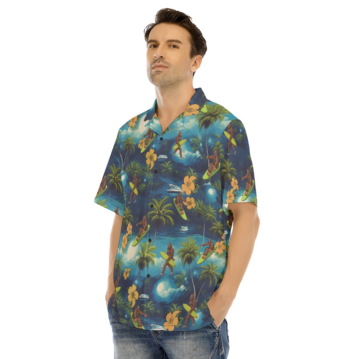 Funny Bigfoot Surfing Tropical Blue Hawaiian Shirt