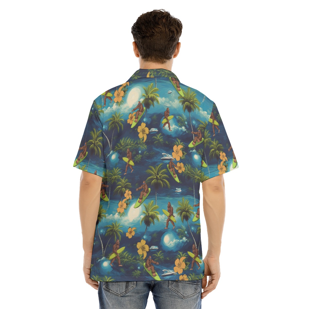 Funny Bigfoot Surfing Tropical Blue Hawaiian Shirt
