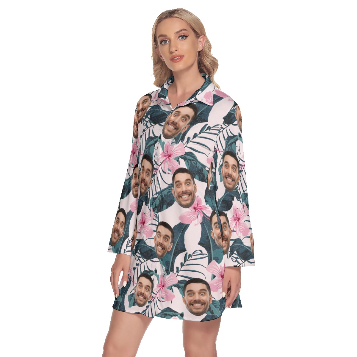 Pink Floral Custom Face Women's Hawaiian Dress Shirt