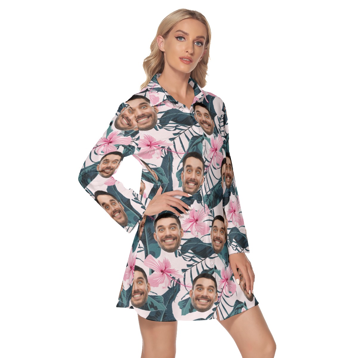 Pink Floral Custom Face Women's Hawaiian Dress Shirt
