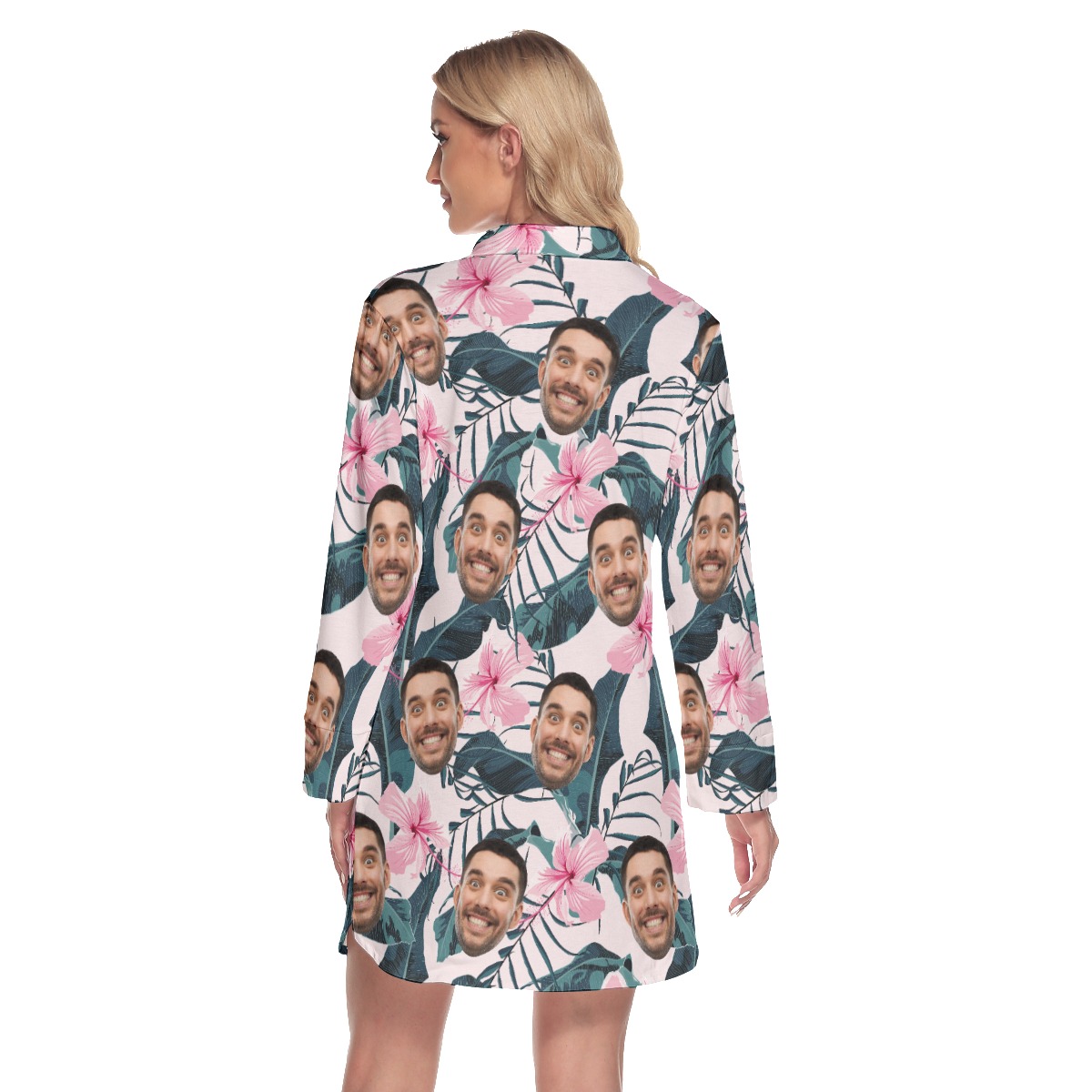 Pink Floral Custom Face Women's Hawaiian Dress Shirt