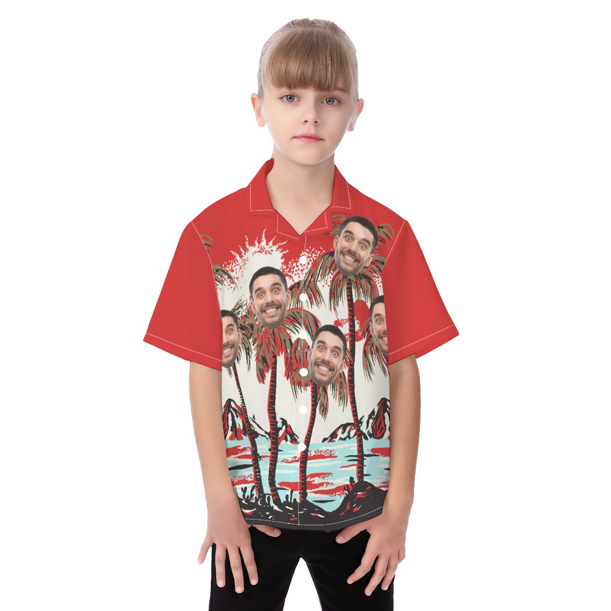 Kid's Red Tropical Custom Hawaiian Shirt With Face - variant image 1