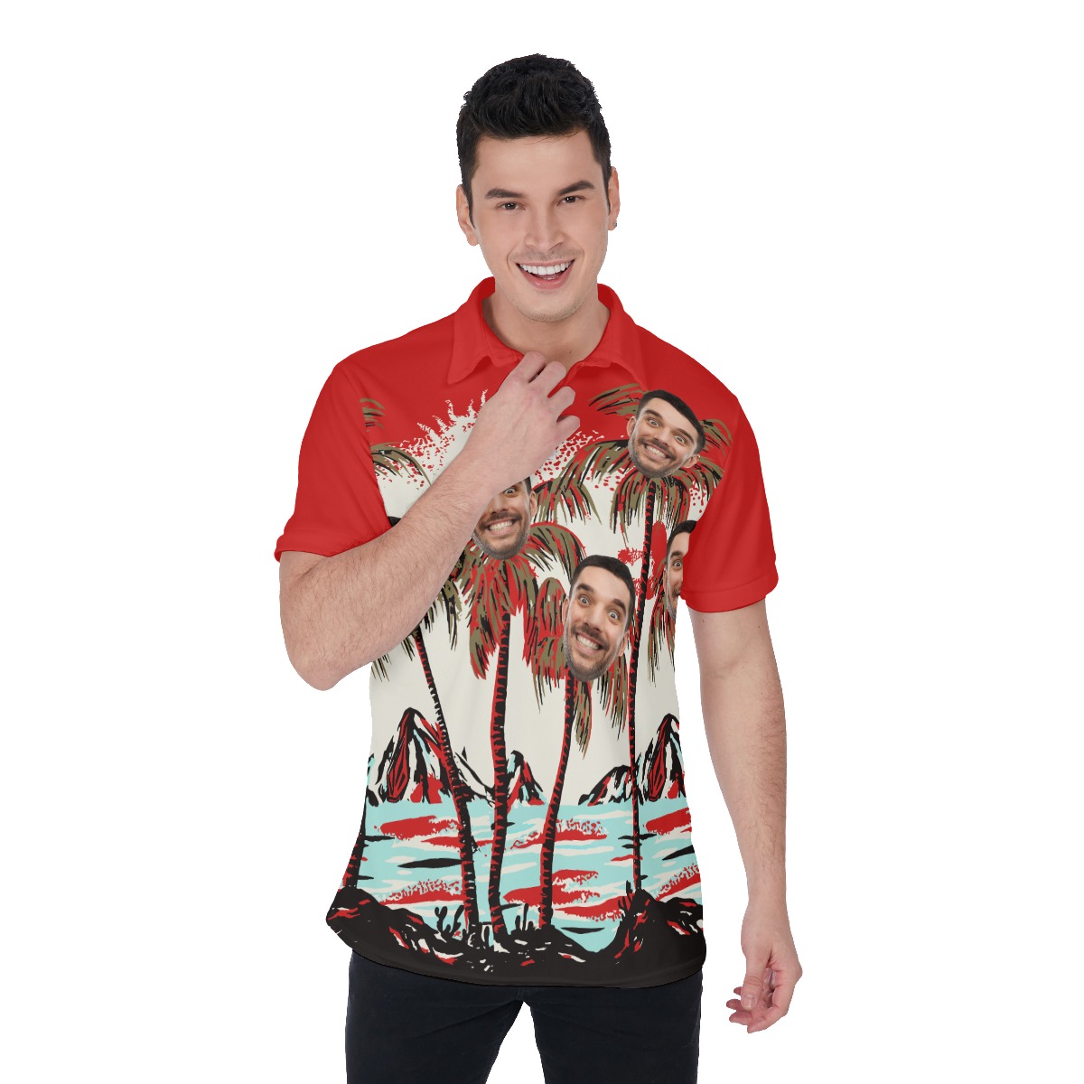 Red Tropical Custom Multiple Faces Hawaiian Polo Shirt - variant image 1