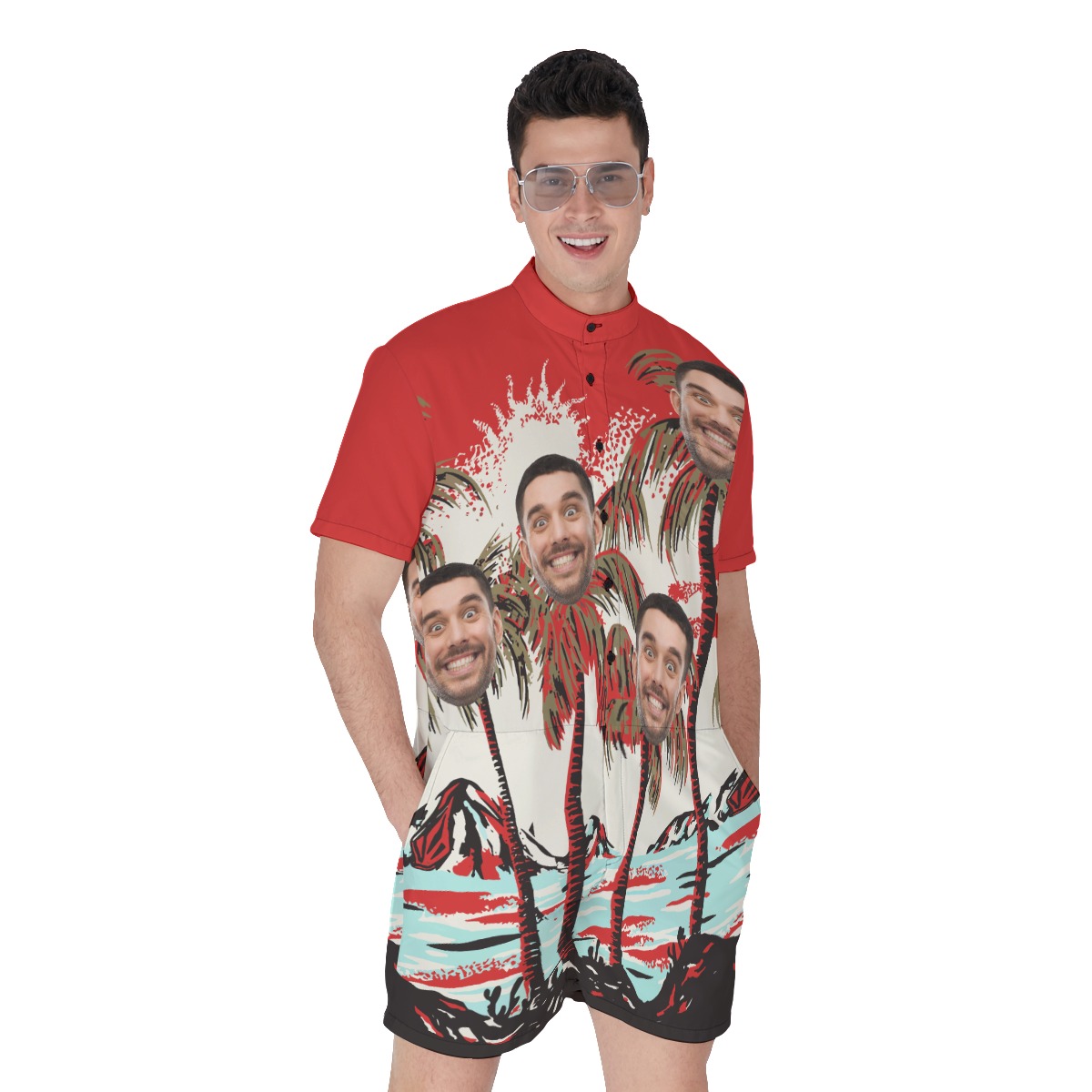 Men's Custom Face Hawaiian Romper Tropical Red Print - variant image 1