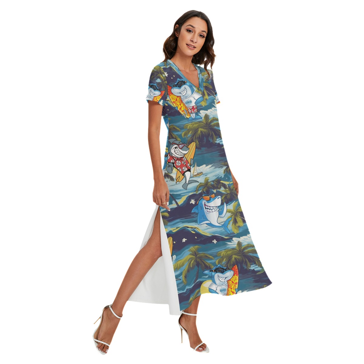 Funny Shark Surfing Tropical Hawaiian V-neck Dress With Side Slit - variant image 1