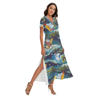 Funny Shark Surfing Tropical Hawaiian V-neck Dress With Side Slit