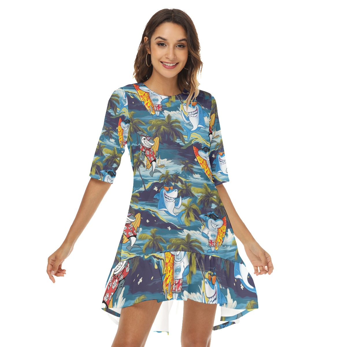 Tropical Shark Surfing Hawaiian Half Sleeve Dress With Ruffle Hem - variant image 1