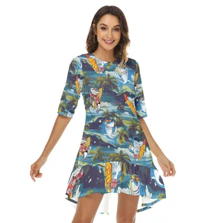 Tropical Shark Surfing Hawaiian Half Sleeve Dress With Ruffle Hem