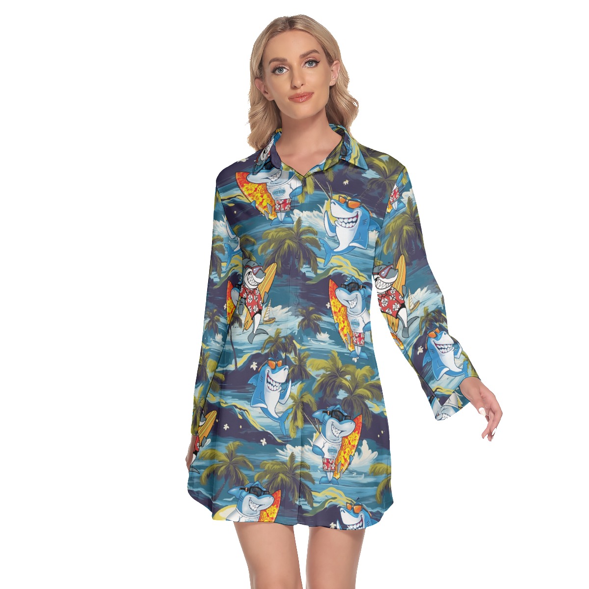 Shark Surfing Tropical Hawaiian Shirt Dress For Women - variant image 1