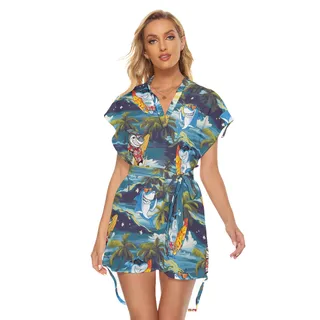Funny Shark Surfing Tropical Hawaiian Dress With Belt