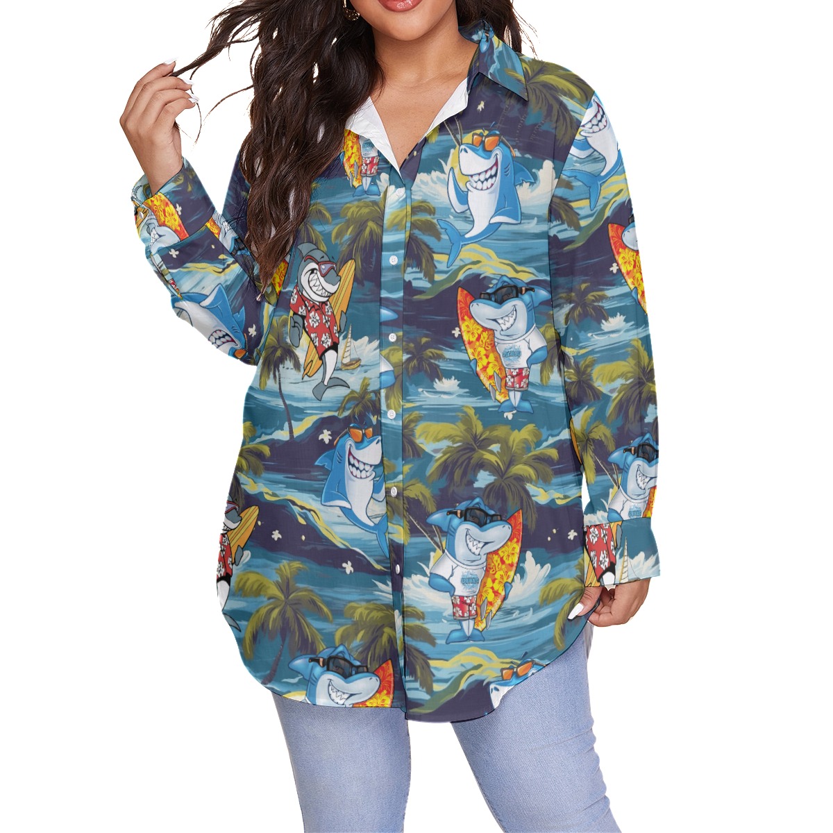 Funny Shark Surfing Tropical Hawaiian Plus Size Shirt For Women - variant image 1