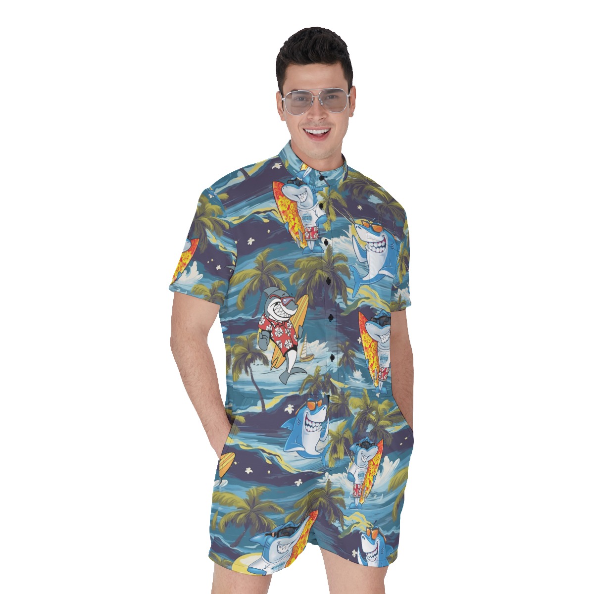 Tropical Surfing Shark Hawaiian Romper For Men - variant image 1