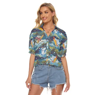 Tropical Surfing Shark Hawaiian Crop Top Shirt For Women