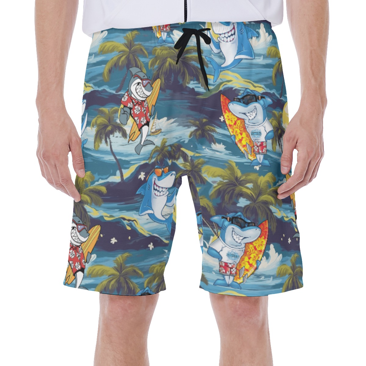 Funny Shark Surfing Tropical Hawaiian Swim Trunks For Men - variant image 1