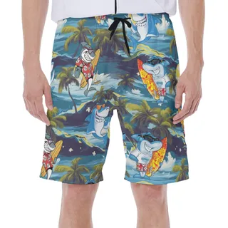 Funny Shark Surfing Tropical Hawaiian Swim Trunks For Men