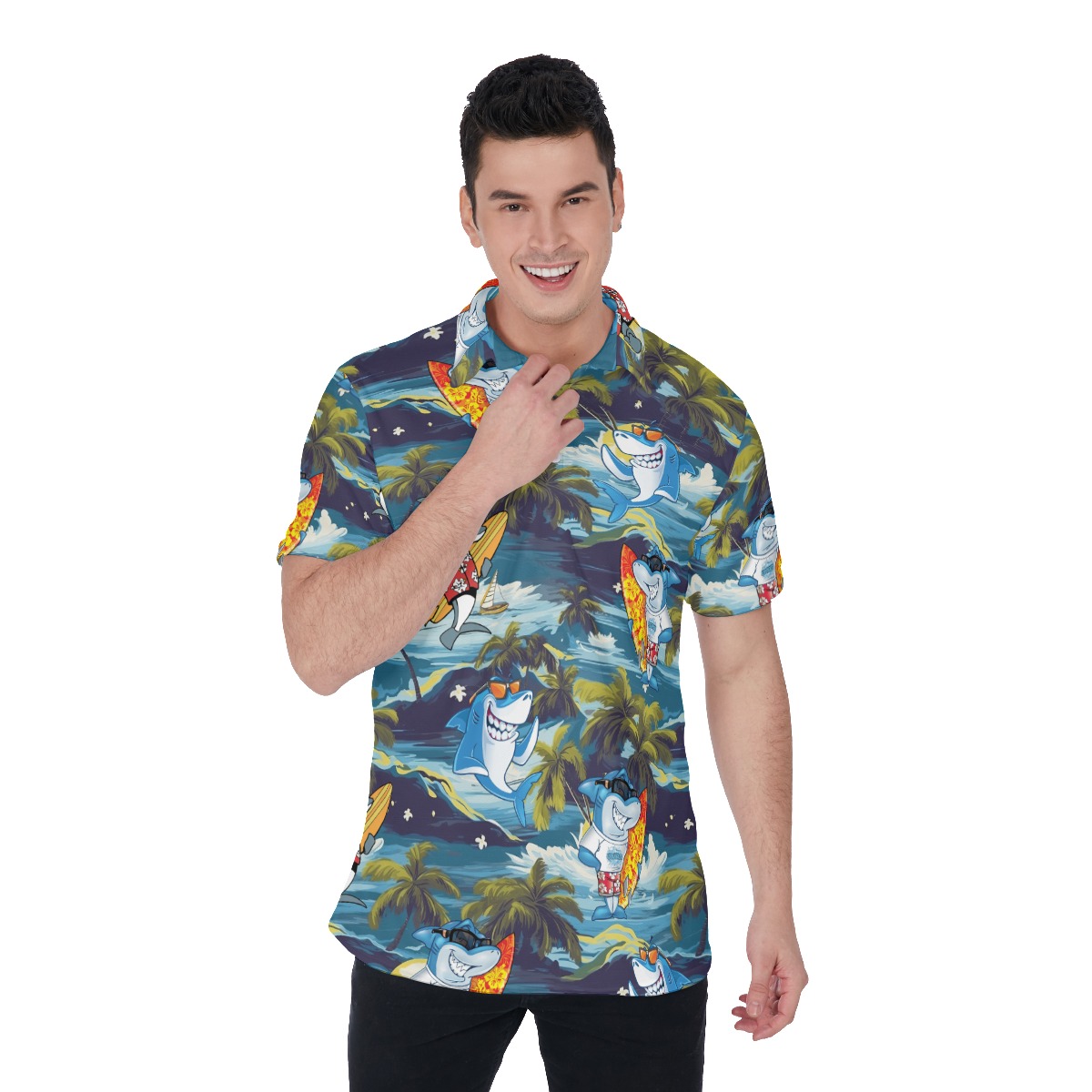 Funny Shark Surfing Tropical Hawaiian Polo Shirt For Men - variant image 1