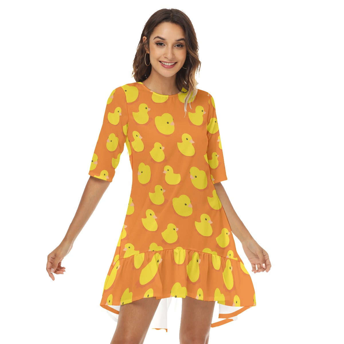 Orange Rubber Duck Hawaiian Half Sleeve Dress With Ruffle Hem - variant image 1