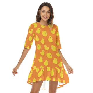 Orange Rubber Duck Hawaiian Half Sleeve Dress With Ruffle Hem