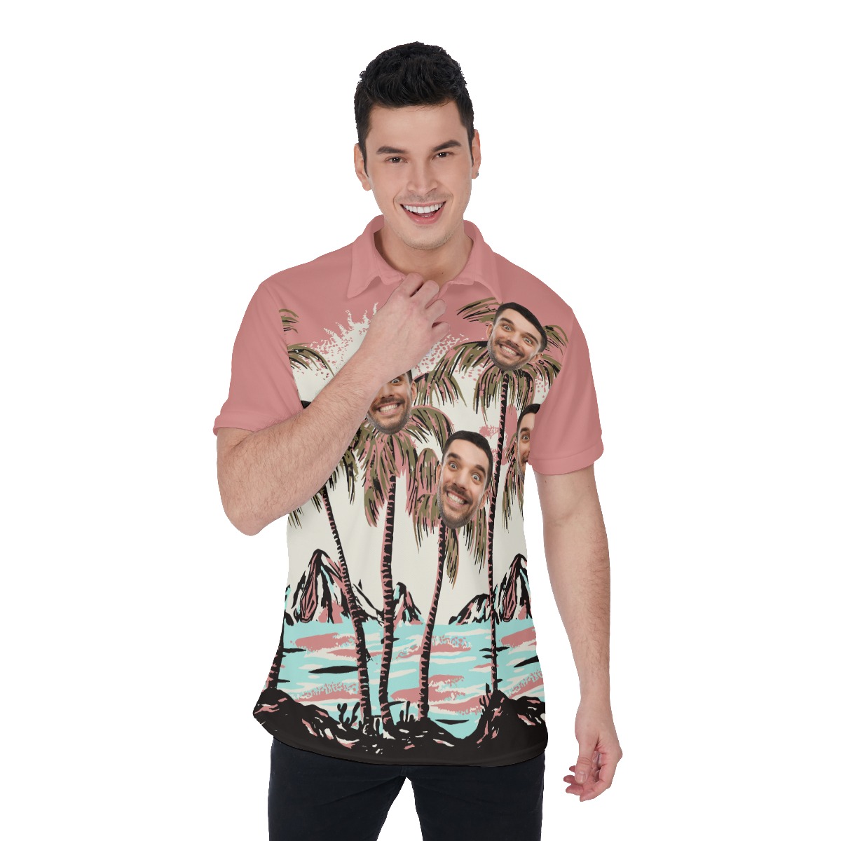 Pink Custom Face Personalized Polo Hawaiian Shirt - variant image 1
