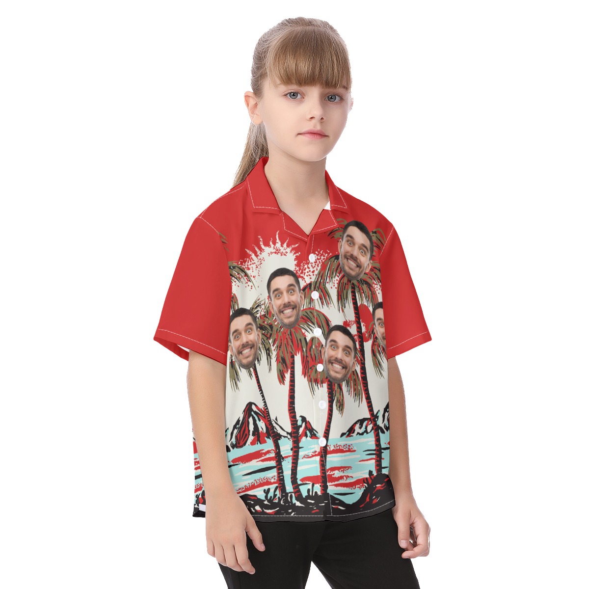 Kid's Red Tropical Custom Hawaiian Shirt With Face