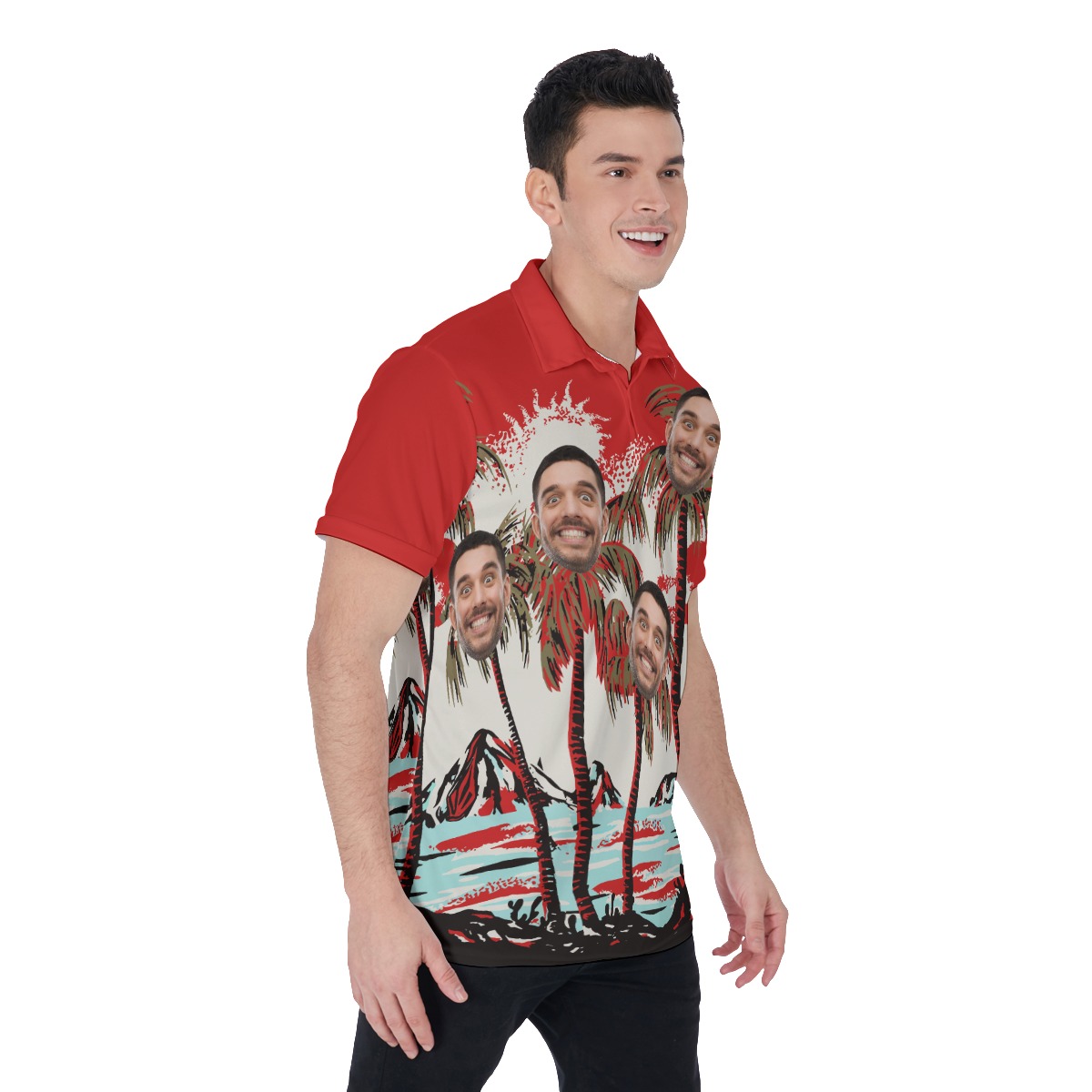 Red Tropical Custom Multiple Faces Hawaiian Polo Shirt