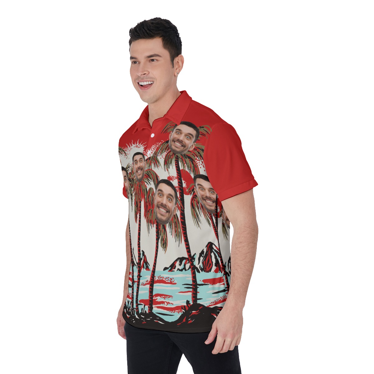 Red Tropical Custom Multiple Faces Hawaiian Polo Shirt
