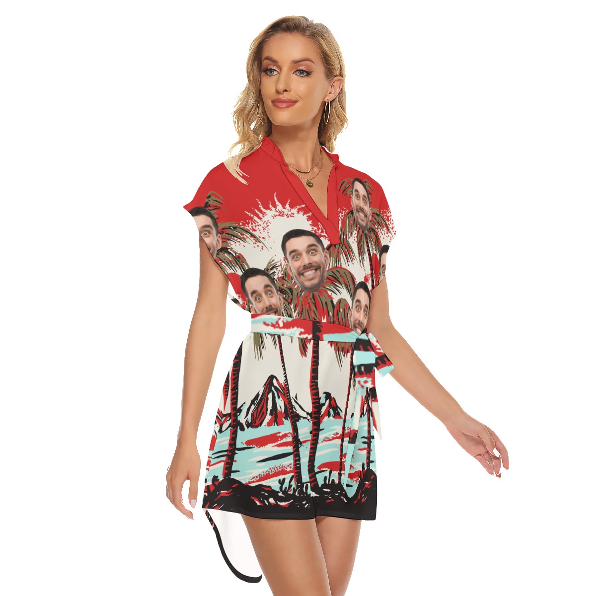 Women's Red Summer Hawaiian Dresses With Custom Face