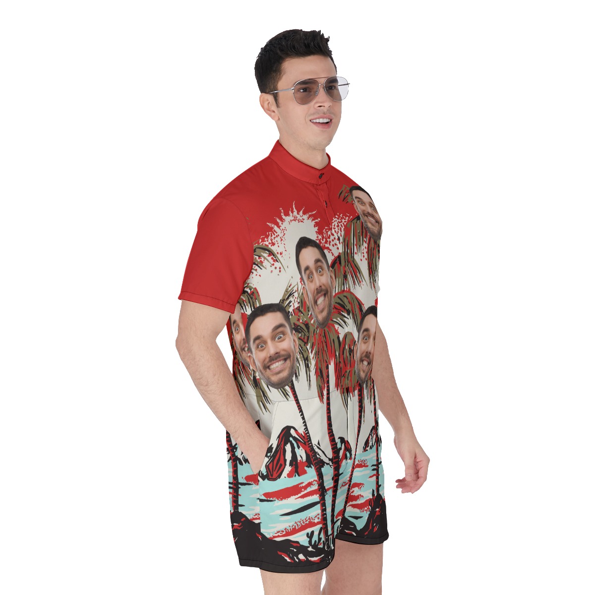 Men's Custom Face Hawaiian Romper Tropical Red Print