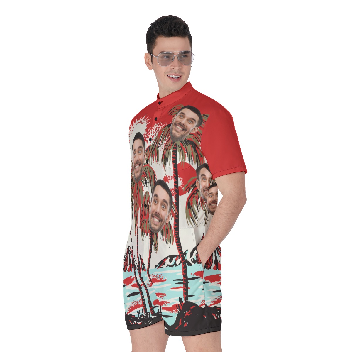 Men's Custom Face Hawaiian Romper Tropical Red Print