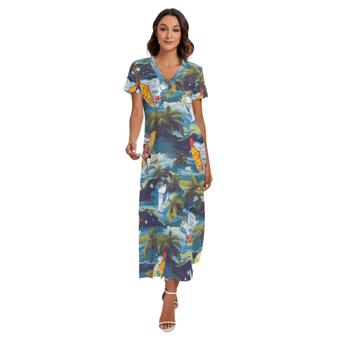 Funny Shark Surfing Tropical Hawaiian V-neck Dress With Side Slit