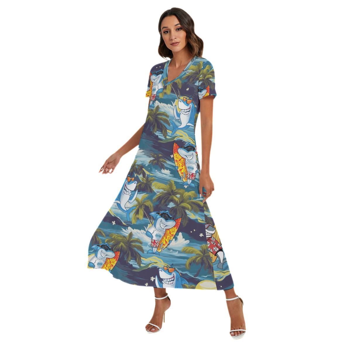 Funny Shark Surfing Tropical Hawaiian V-neck Dress With Side Slit