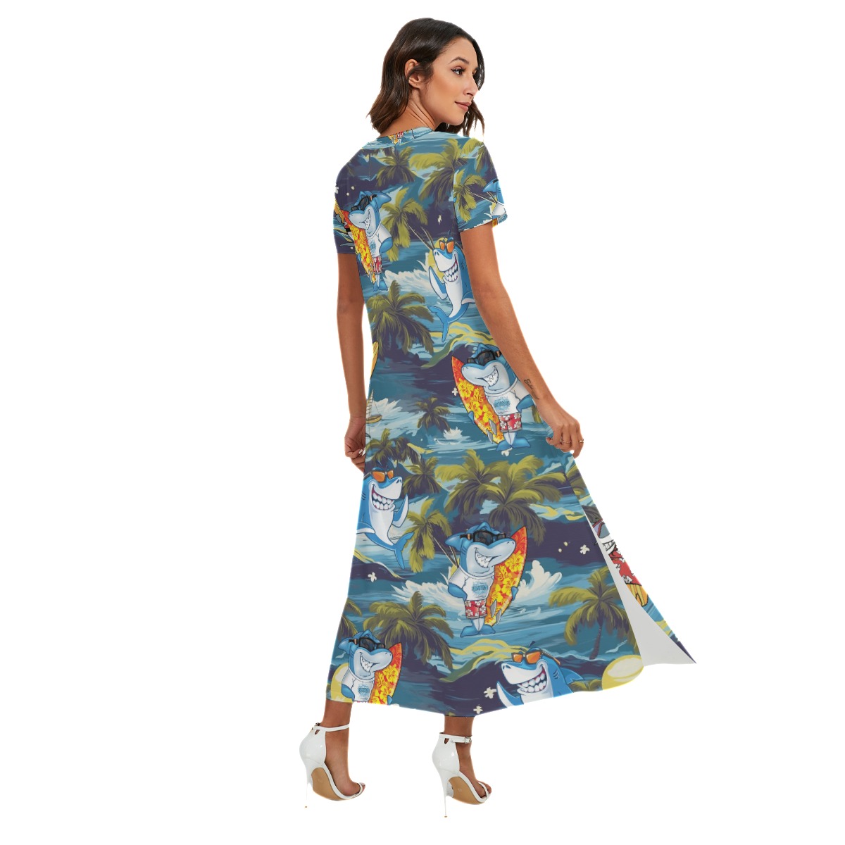 Funny Shark Surfing Tropical Hawaiian V-neck Dress With Side Slit