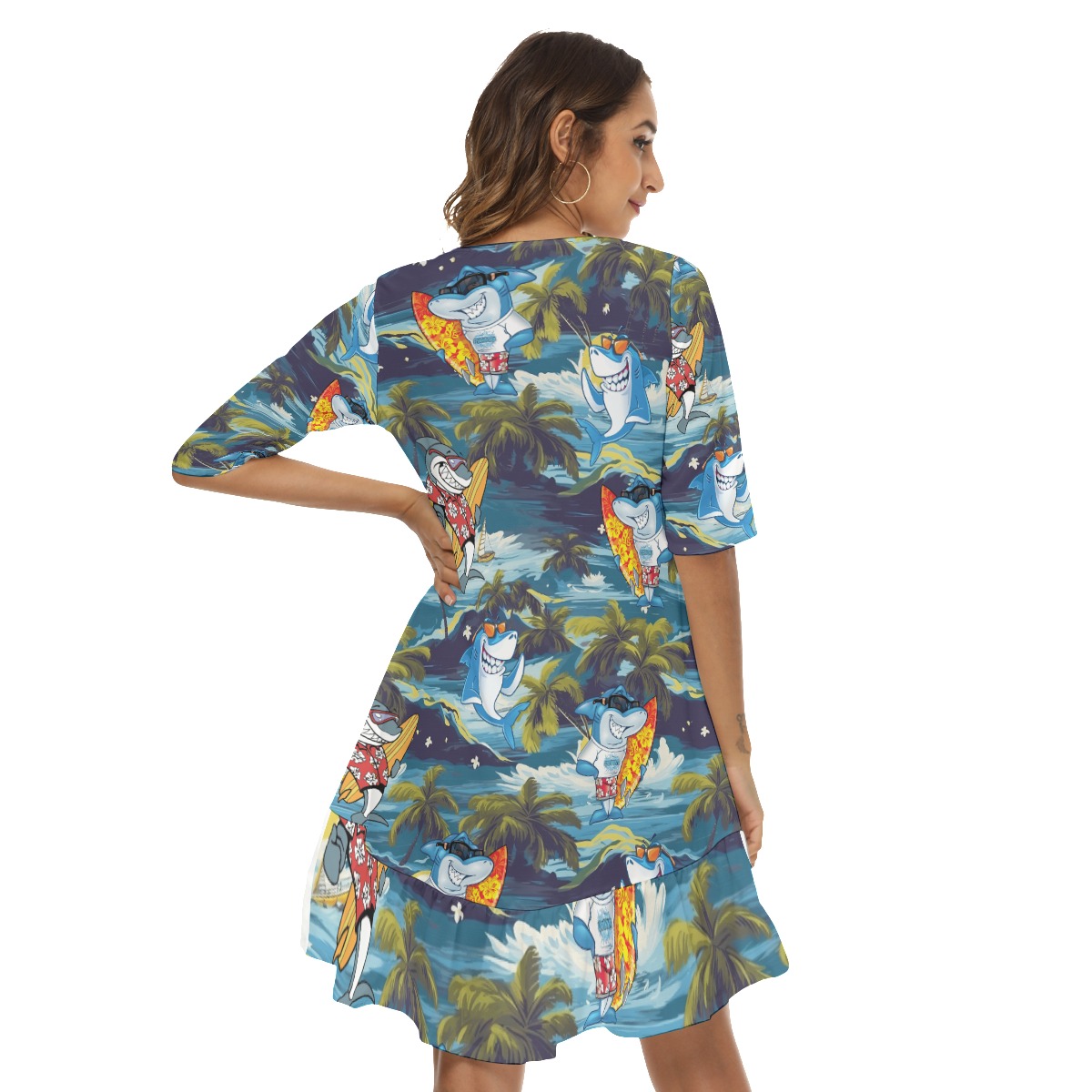 Tropical Shark Surfing Hawaiian Half Sleeve Dress With Ruffle Hem