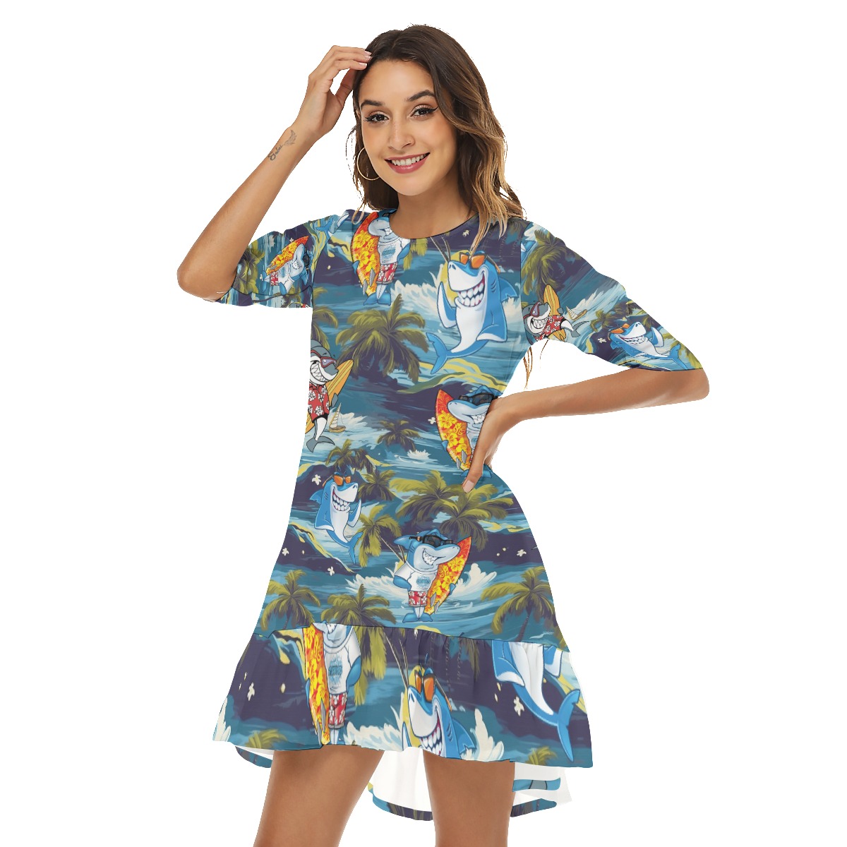 Tropical Shark Surfing Hawaiian Half Sleeve Dress With Ruffle Hem