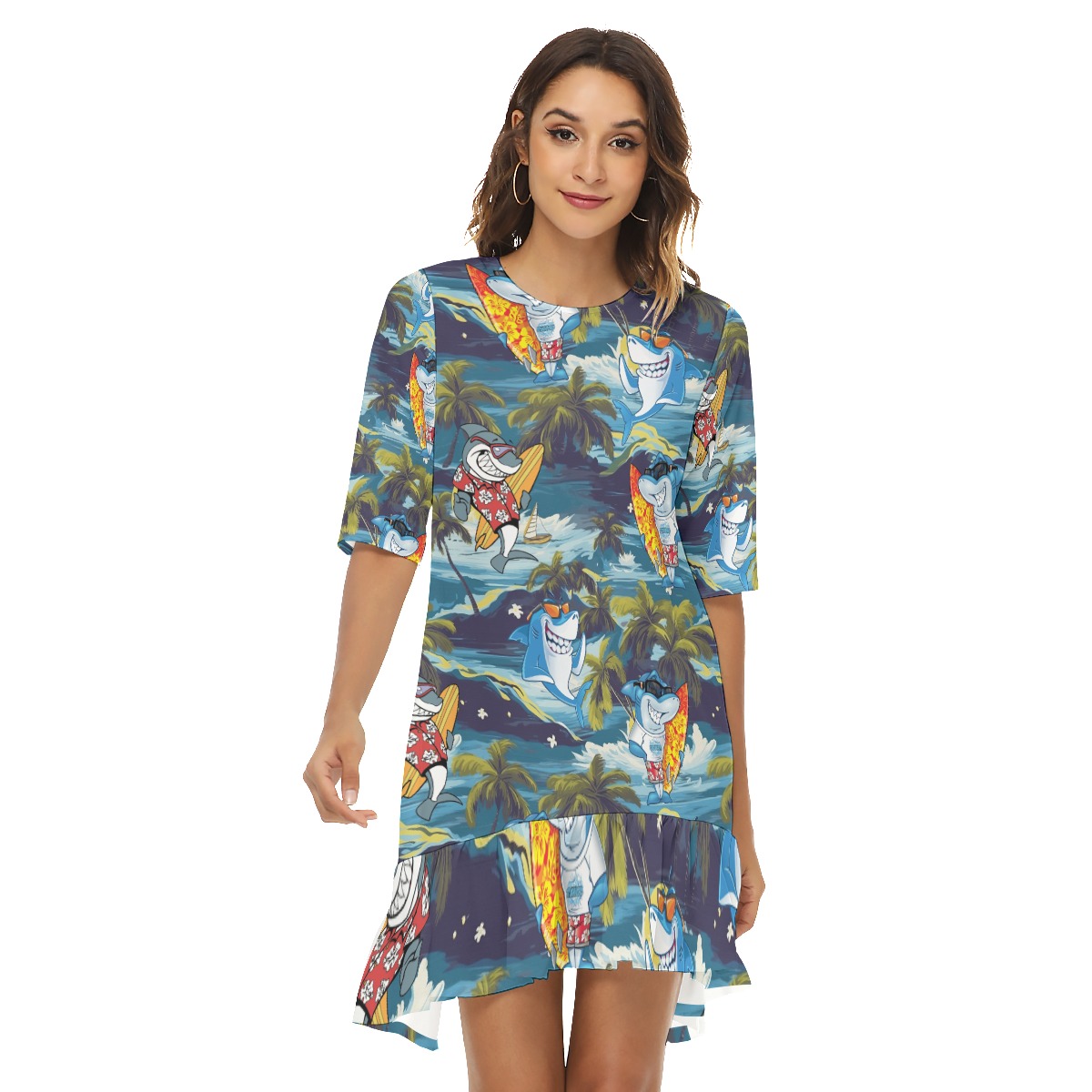 Tropical Shark Surfing Hawaiian Half Sleeve Dress With Ruffle Hem