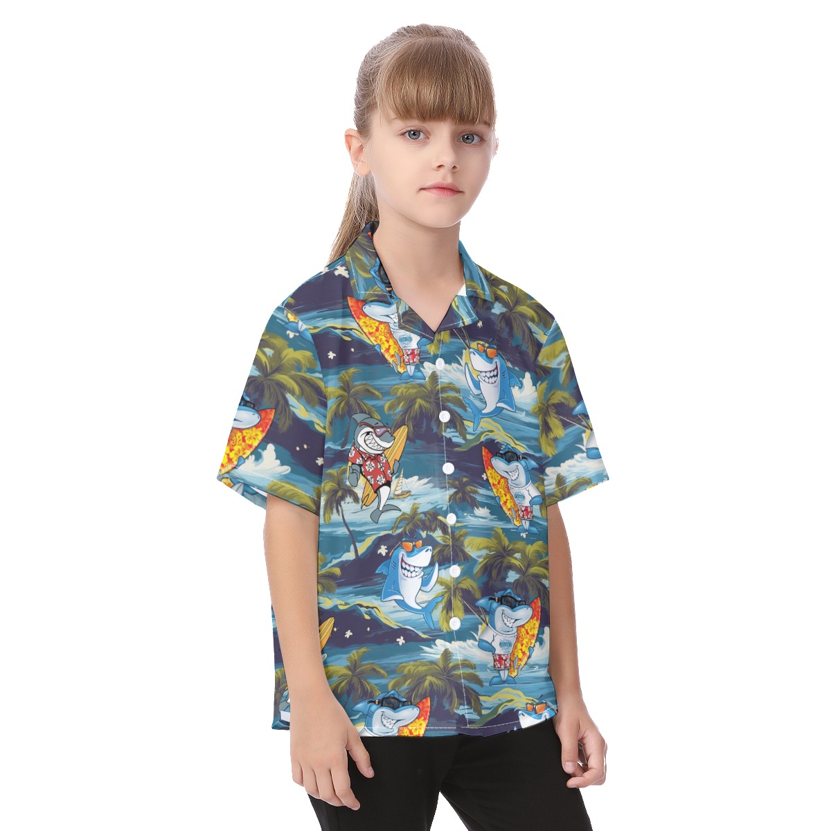 Cute Shark Surfing Tropical Hawaiian Shirt For Kids
