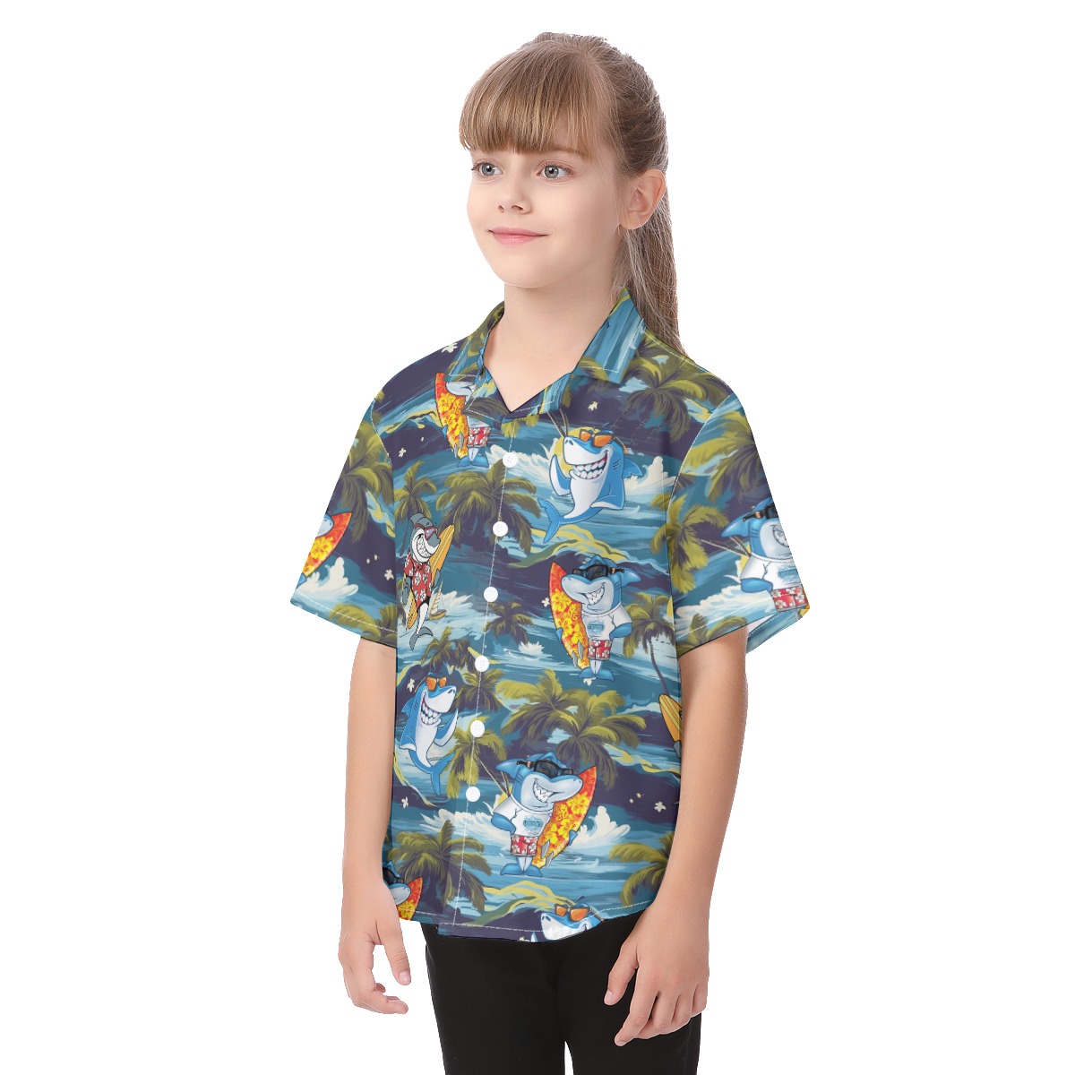 Cute Shark Surfing Tropical Hawaiian Shirt For Kids