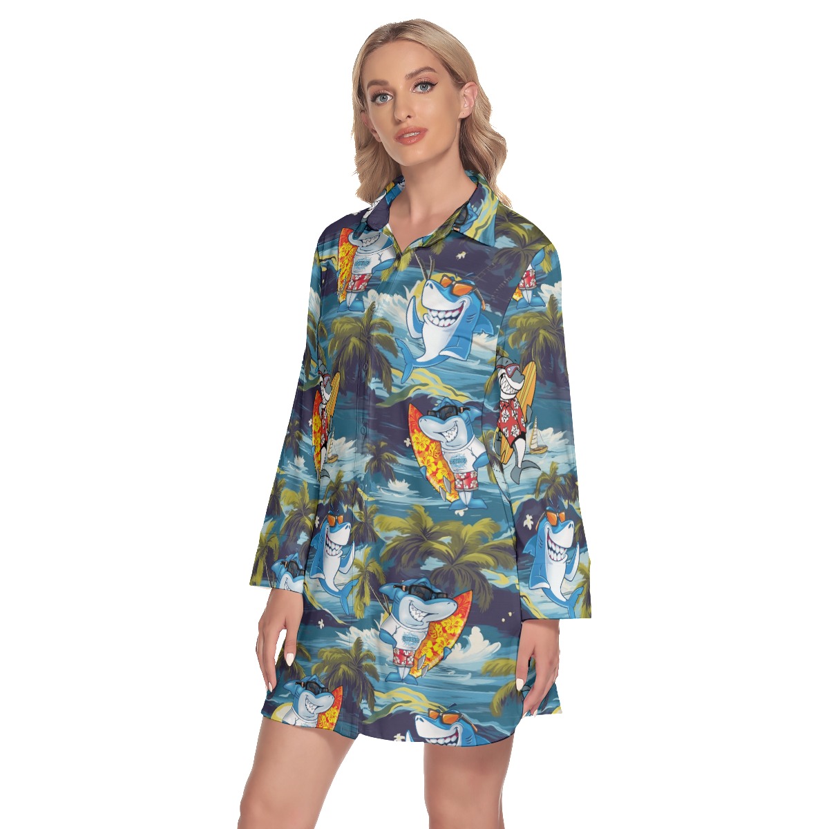 Shark Surfing Tropical Hawaiian Shirt Dress For Women