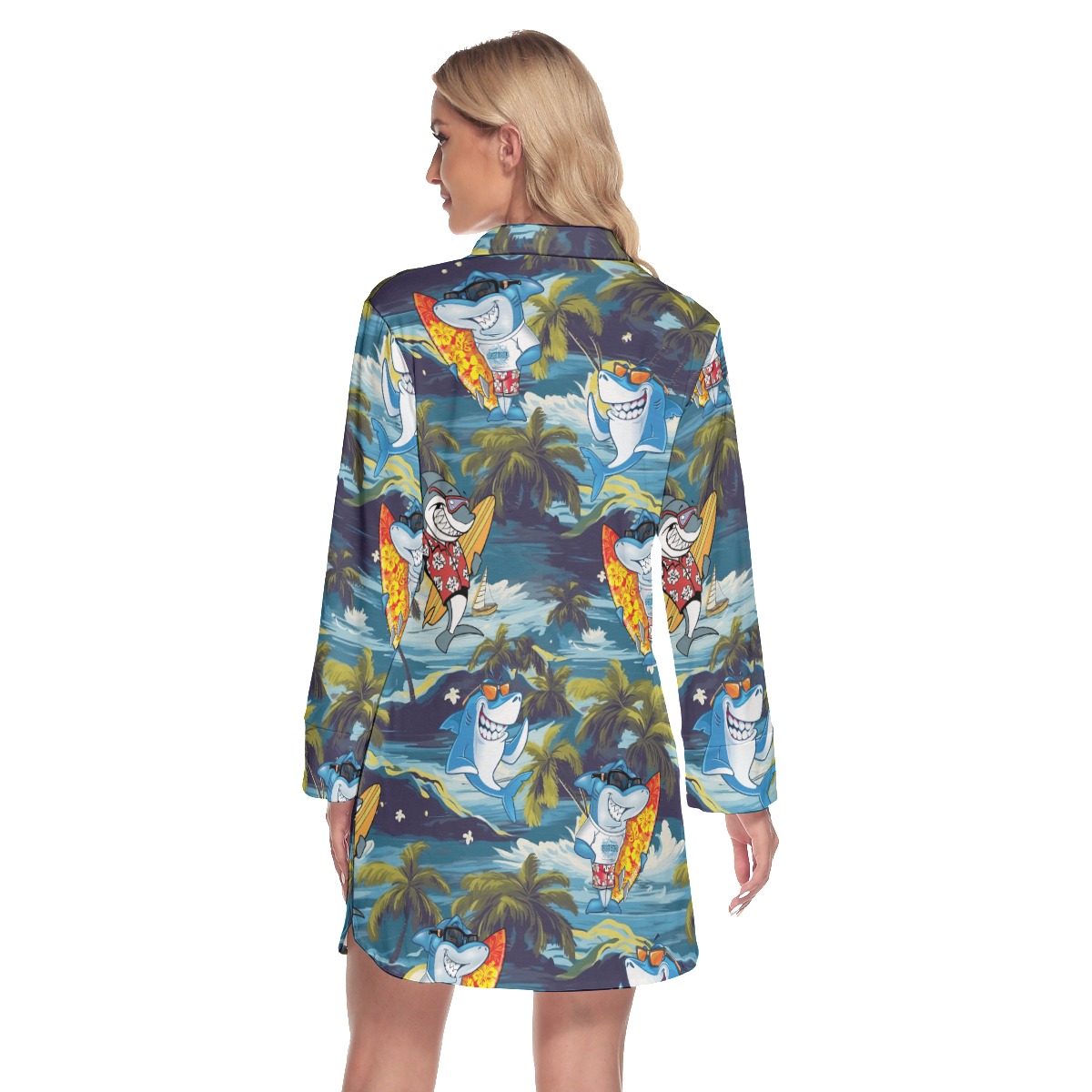 Shark Surfing Tropical Hawaiian Shirt Dress For Women
