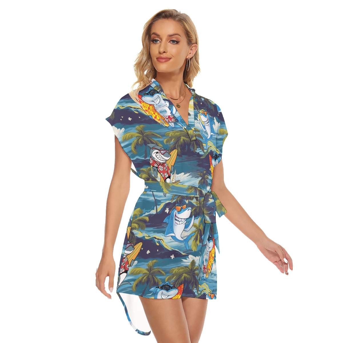 Funny Shark Surfing Tropical Hawaiian Dress With Belt