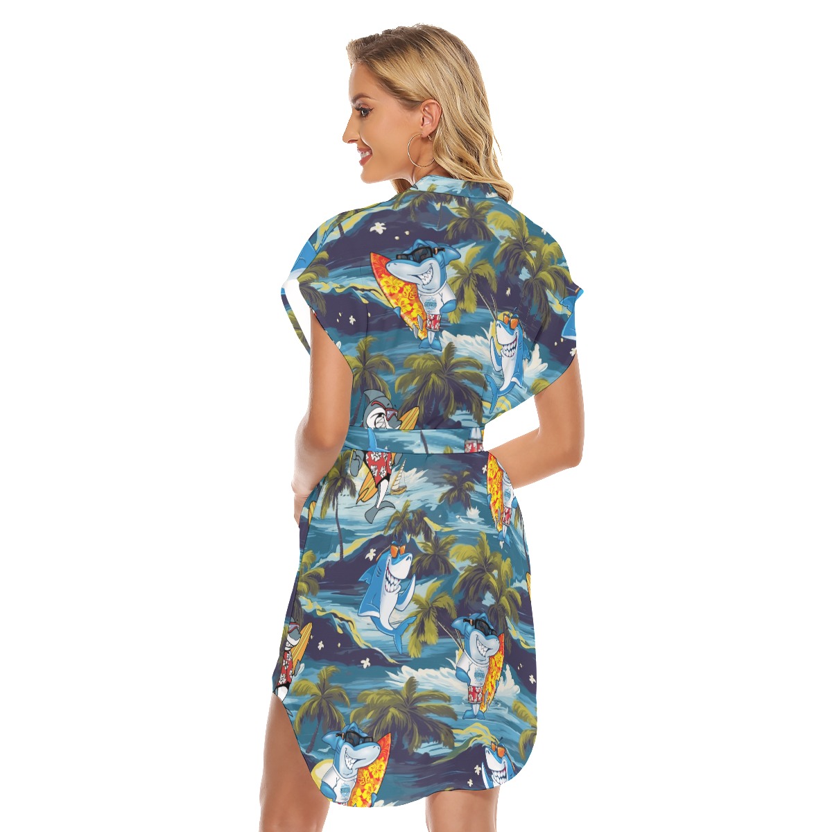 Funny Shark Surfing Tropical Hawaiian Dress With Belt