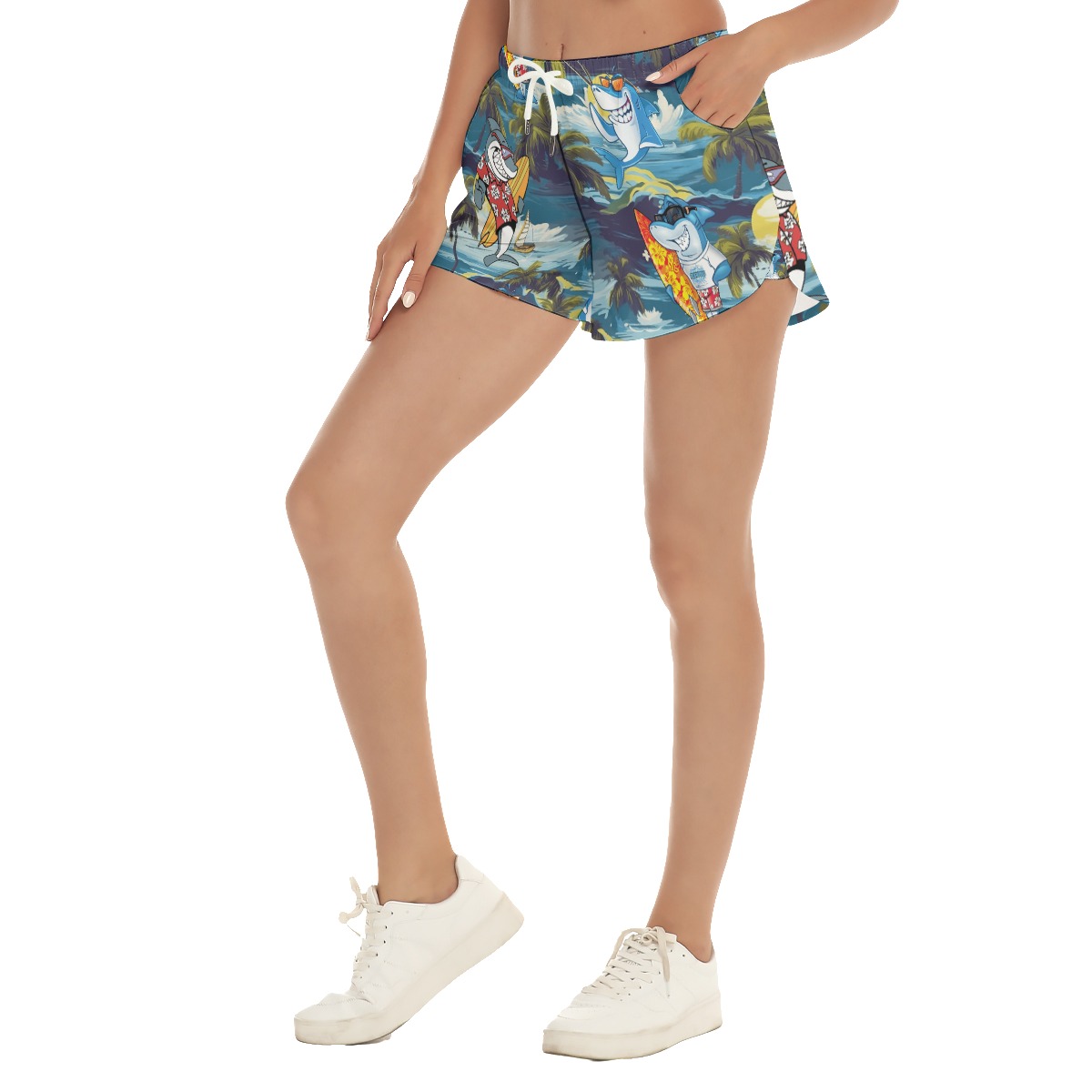 Tropical Surfing Shark Hawaiian Summer Beach Shorts For Women
