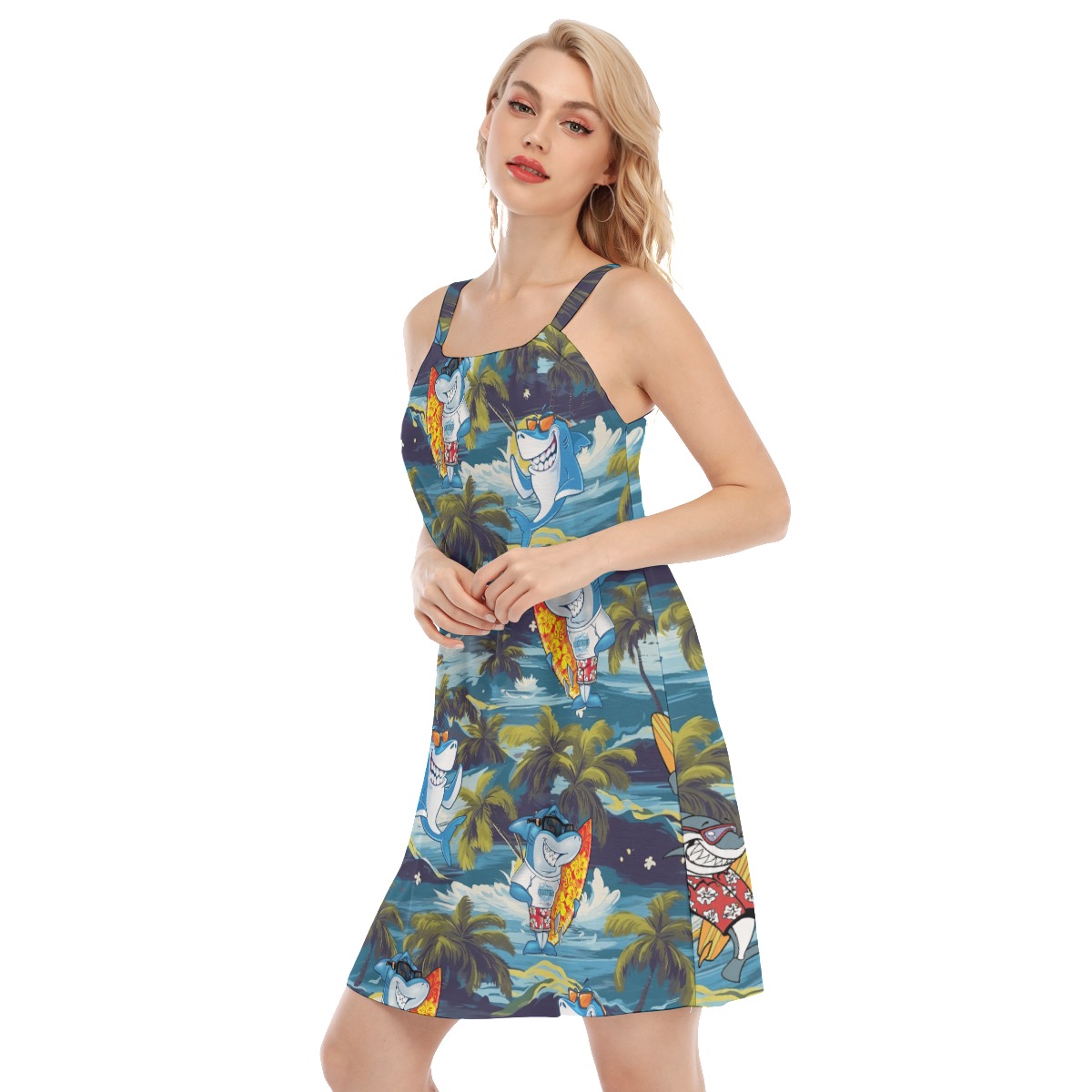 Funny Shark Surfing Tropical Luau Dress