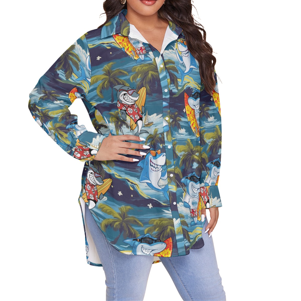 Funny Shark Surfing Tropical Hawaiian Plus Size Shirt For Women