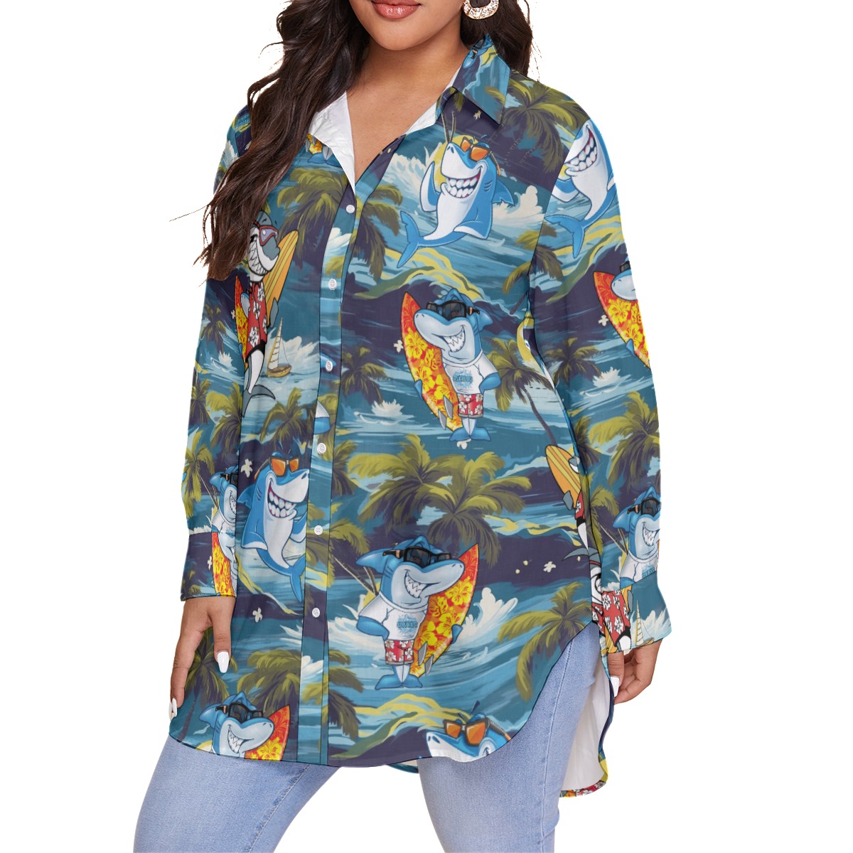 Funny Shark Surfing Tropical Hawaiian Plus Size Shirt For Women