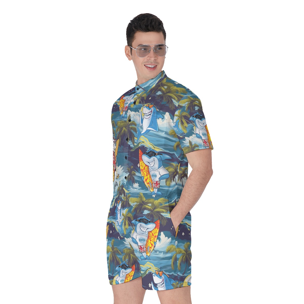 Tropical Surfing Shark Hawaiian Romper For Men