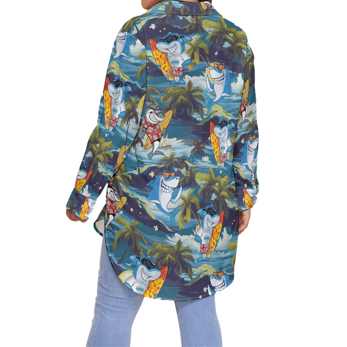 Funny Shark Surfing Tropical Hawaiian Plus Size Shirt For Women