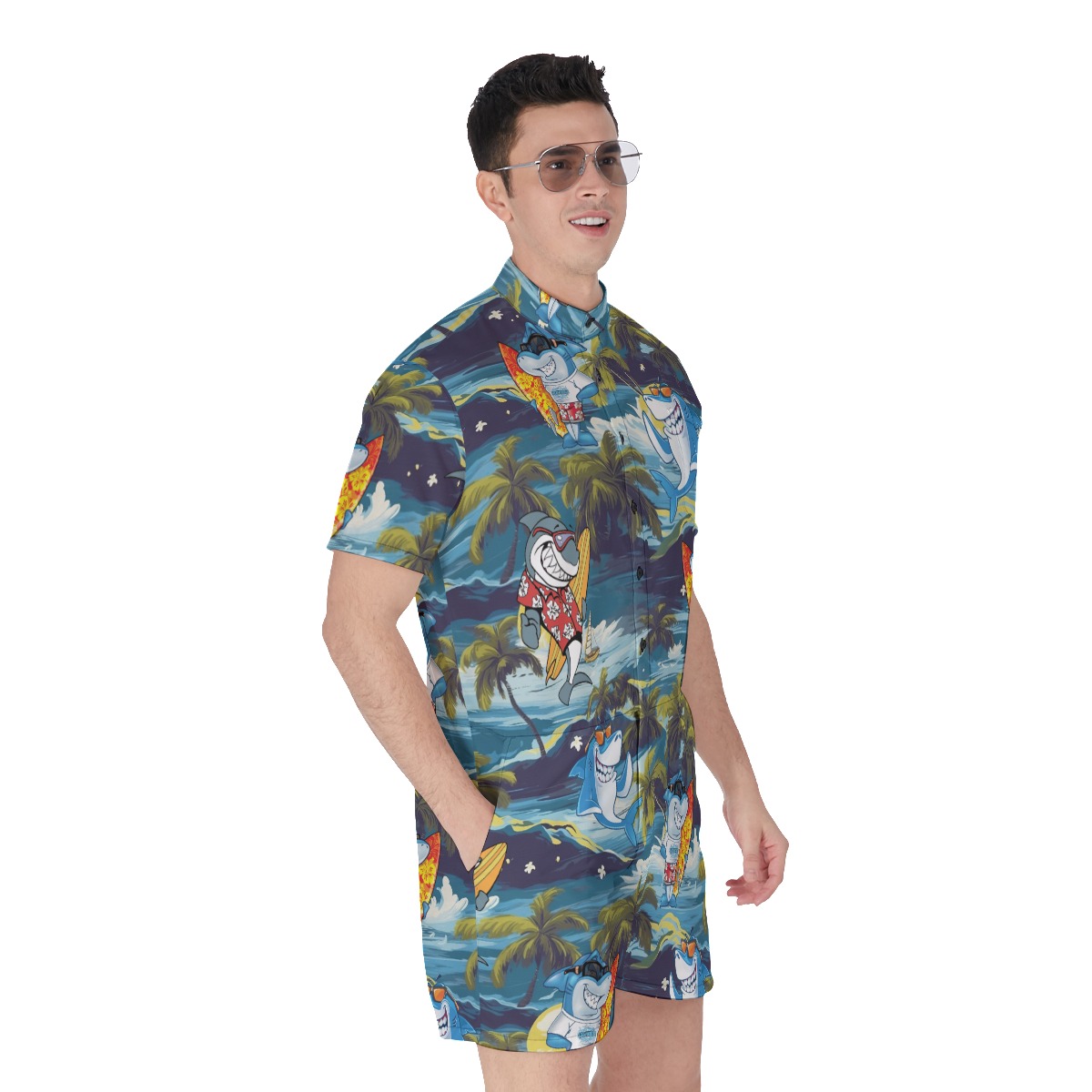 Tropical Surfing Shark Hawaiian Romper For Men